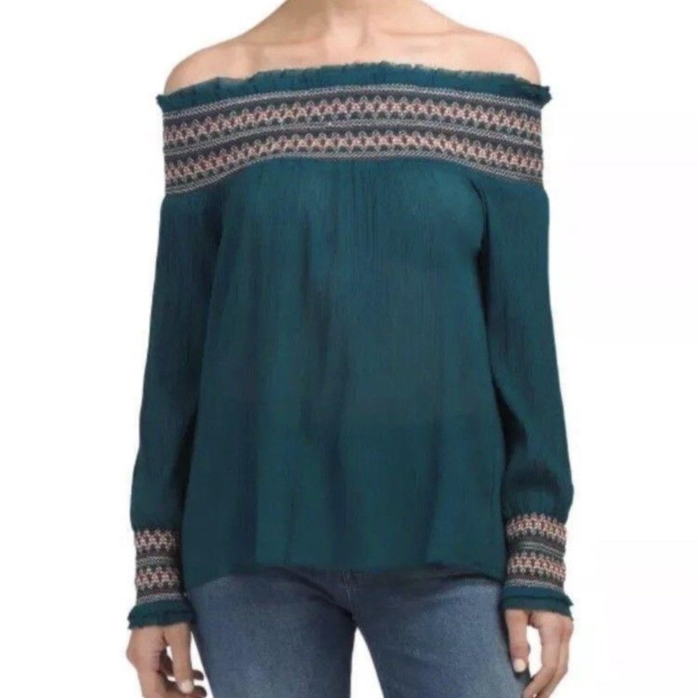 LOVE SAM MS SIZES JADE GREEN COTTON CREPE OFF THE SHOULDER PEASANT STYLE TOP